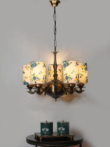 Image of Devansh 05 Lights Printed Round Cotton Shade with Antique Golden Chandelier -E