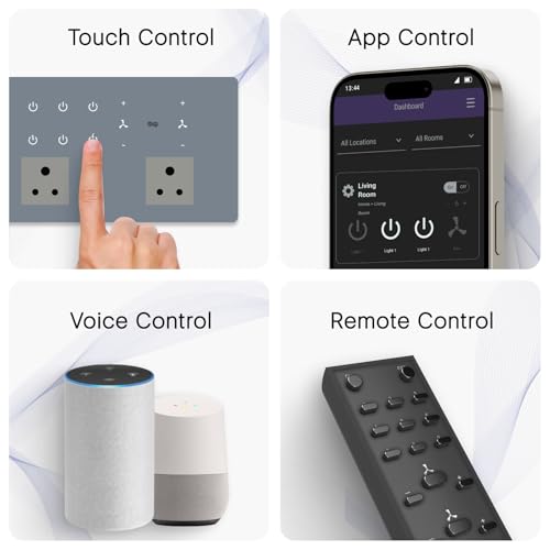 Image of IOTICS Smart Wifi Switch Board: 6 x Switch, 2 Fan & 2 Smart Plug Module. Touch Control, Remote, App Control. Voice Control with Alexa & Assistant. Smart Touch Switch Board For Home Automation (Grey)