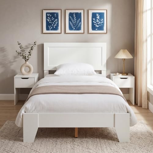 Image of GIANTEX Twin Size Wooden Bed Frame with Headboard, Wood Slat Support | Modern Platform Bed with Heavy Duty Mattress Foundation, Under-Bed Storage, No Box Spring Needed, Easy Assembly (White)
