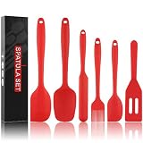 Silikon Spatel Set, Silikon Küchenhelfer, Hitzebeständig 6-Teiliges Hochwertiger Edelstahlkernschaber, Nahtloses Einteiliges Antihaft-Design, Zum Kochen, Backen und Mischen in Der Küche (Rot)