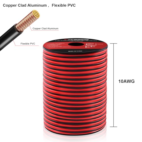 Image of VIABRICO 10 Gauge Wire 500FT, 2 Conductors Electrical Wire Red Black Cable, Flexible /Low Voltage /PVC 10 AWG Copper Clad Aluminum Extension Cord for Speaker, LED Strips, Automotive 12V /24V DC