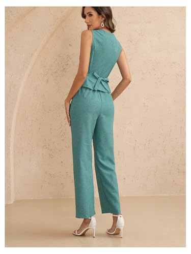 Women's 2 Piece Work Office Outfit Elegant Bow Tie Button Up Suit Vest and Pants Set2