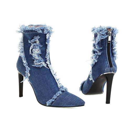 Bottines en denim à talon de 9.5cm avec bout pointu et zip pratique pour femmes