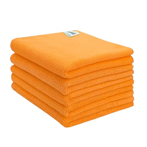 Image of SOFTSPUN Microfiber Cleaning Cloths 50X50 cms 5 pcs Towel Set 340 GSM Orange! Highly Absorbent Lint and Streak Free Multi-Purpose Wash Cloth for Kitchen Car Window Stainless Steel Silverware.