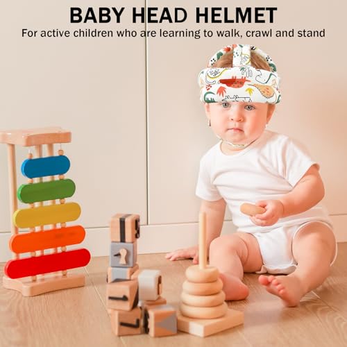Image of Baby Head Protector Baby Helmet for Crawling Walking, No Bumps Safety Head Adjustable Protective Cap for Walking, Playing - Red Dinosaur