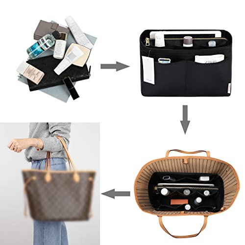 ZTUJO Inserção organizadora de bolsa, organizador de bolsa de feltro com zíper, bolsa e modelador de