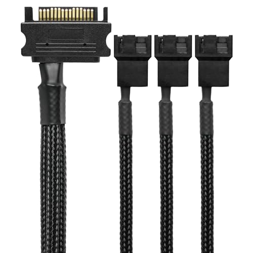 CRJ 15-Pin SATA to 3 PC Fan Power Adapter Cable - 12-inch (30cm), Black Sleeved - Power Up to Three 3-Pin & 4-Pin Computer Cooling Fans from an ATX 15-Pin SATA Power Connector (12V - Full Speed)
