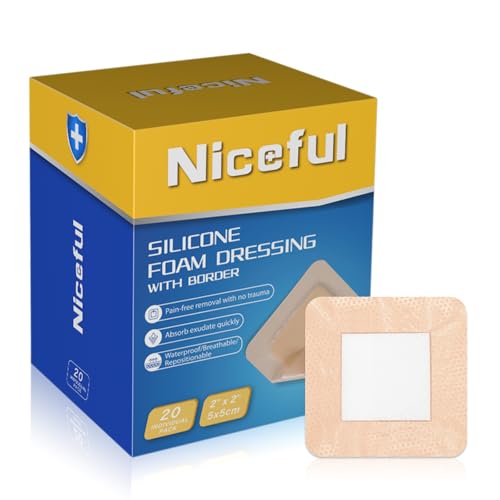 Niceful 20 Count Silicone Foam Dressing Gentle Border 2 x 2 inch Absorbent Silicone Bandages for Wounds Waterproof Bed Sore Bandages Wound Dressing