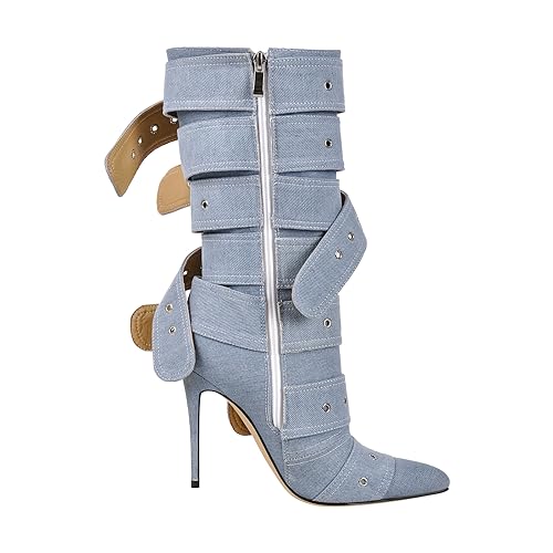 VERISSON Close Point Toe Boots Embellished Buckle Belts Stiletto Heeled Booty3