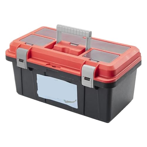 Heavy Duty Storage Organiser Tool Box Double-layered With Lid Dividers Tool Organizer Storage Box Garage Storage Screw Organizer Box Tools Case for Screws, Nails(Red black,45x26x22cm)