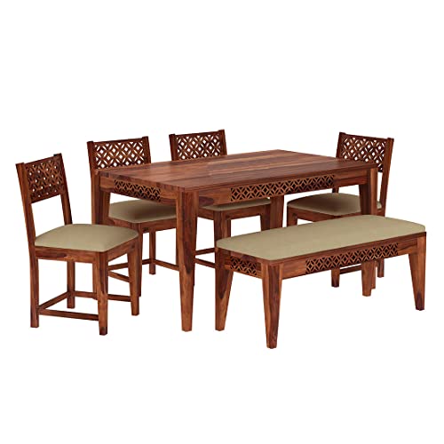 Image of Sheesham Wood 6 Seater Dining Table Set for Home Hall || Solid Wood CNC Dining Table with 4 Cushion Chairs and Bench for Hotels || Dining Room Sets - Honey Teak Finish