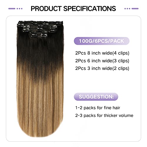 Sindra Clip in Hair Extensions Human Hair,14 Inch 100g 6pcs Ombre Natural Black to Dark Brown Mix Blonde Balayage Clip in Hair Extensions For Fashion Women #1B/4/27,14" - Image 2