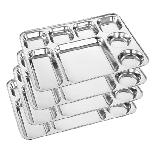 Image of Expresso - Heavy Duty Stainless Steel Rectangle Dinner Plate w /8 Sections Divided Mess Trays for Kids Lunch, Camping, Events & Every Day Use Kitchenware - Set of 4 Pcs