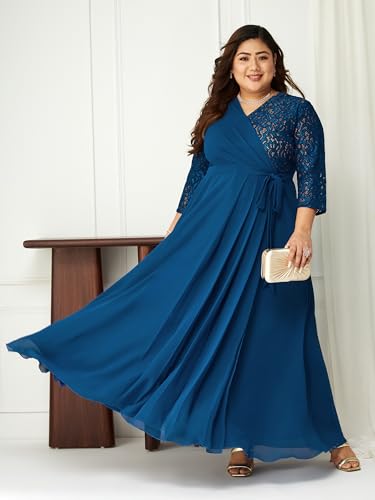 Image of Miss Chase A+ Women's Floral Printed Relaxed Fit V -Neck 3 /4Th Sleeve Georgette Maxi Dress