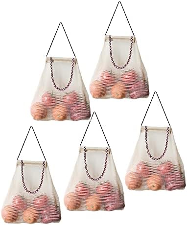 TuuTyss Set of 5 Hanging Reusable Storage Mesh Bag Vegetable Bag for Fruit,Garlics,Potatoes,Onions or Garbage Bag Organizer (5pcs-Beige)