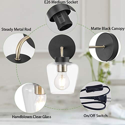 Tehenoo Plug In Wall Sconce, Clear Glass Shade,Modern Matte Black Wall Lamp With Brass Accent Edison Socket For Bedroom,Bedside Living Room,E26 Base #TOP5