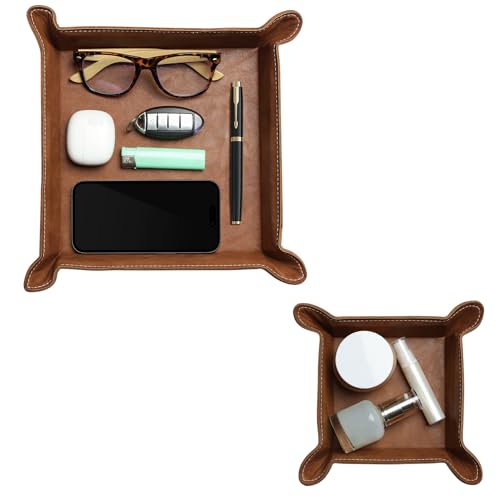 Navaris Bandeja Vaciabolsillos de Cuero sintético - 2x Bandejas Decorativas para Llaves Monedas - 2x Bandeja Organizadora Cuadrada Vacia Bolsillos para Recibidor Oficina - Marrón