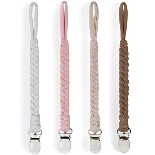 Image of Pacifier Clip Holder for Boy and Girl Universal Handmade Braided Rope Paci Clip Easy to Use 4 Pack (White)
