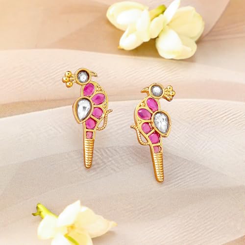Image of Rubans Womens 22K Gold Plated Ruby Pink & Pearl Accented Jewellery Set - Ideal for Weddings & Special Occasions