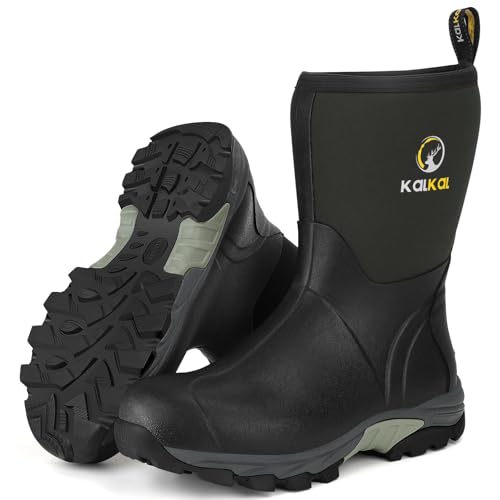 Image of Kalkal Rubber Boots for Men, Waterproof Mid Calf Mens Rain Boots, 6mm Neoprene Insulated Mens Rubber Work Boots for Hunting Gardening Farming Fishing Mud Working, Size 7-14