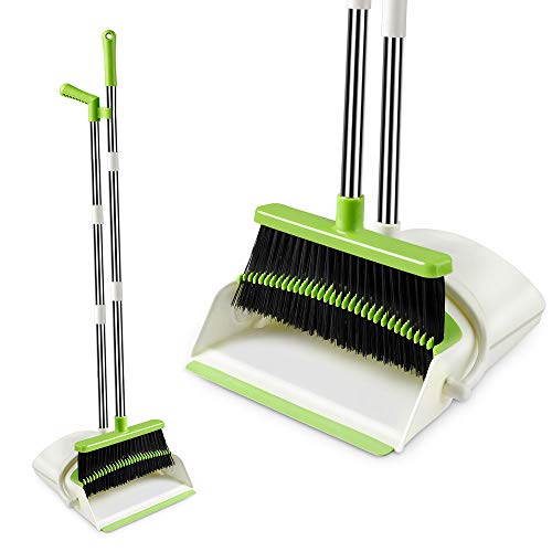 Image of Rubber Extendable Broom&Dustpan Set,Durable&Foldable Lobby Broom&Upright Dust Pan Combo With Long Handle,Ideal For Kitchen,Home&Indoor Use By Kelamayi (Yellow&Green),Hard Floor