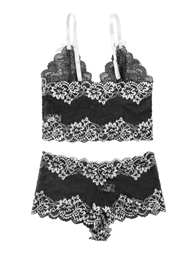 Image of Lilosy Sexy Lingerie for Women Lace Pajamas Set Cami Bra and Panty High Waist Sheer Sleepwear 2 Piece 2XS-6XL