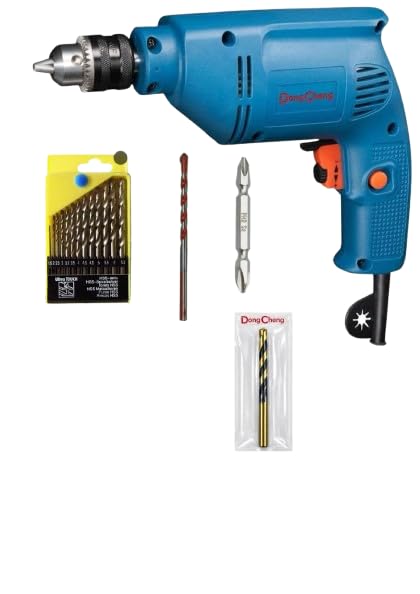 DongCheng Electric 10 mm Drill Machine Kit with 13pcs HSS Drill Bit Set, Carbon Brush Pair, Screw Bit & Multipurpose Drill Bit for Wood Metal Wall Home Use