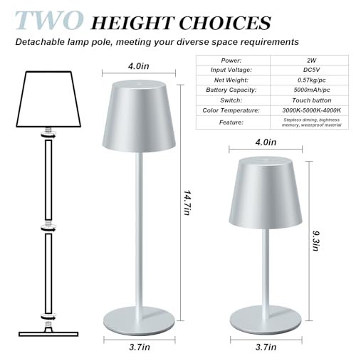 Image of Kakanuo Silver Grey Cordless Lamp Rechargeable - 2 Pack 5000mAH Battery Operated Table Lamp for Counter, 3 Color Stepless Dimming Wireless Lamp for Dining Kitchen, Outdoor Patio, Touch Control