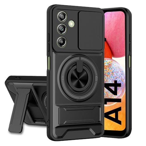 Image of Samsung Galaxy A14 5G Back Cover | Armor Camera Slider 360 Degree Rotating Finger Ring Holder Case with Bracket Stand Back Case Cover (Compatible with MagSafe Accessories) (Black)