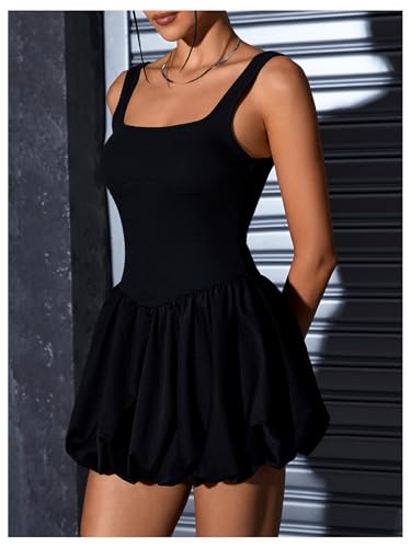 Image of MakeMeChic Women's Casual Bubble Dress Square Neck Sleeveless Ruffle Mini Dresses Black Medium