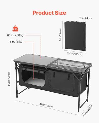 VEVOR Camping Küchentisch klappbarer Kochtisch Outdoor, 3-Fach höhenverstellbar, tragbare Kochstation aus Aluminium mit Organizer & Tragegriff, für Grillpartys Picknicks Wohnmobilreisen Schwarz