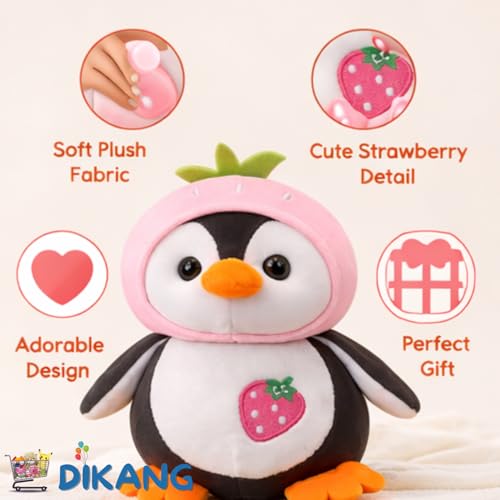 Image of DIKANG Penguin with Cap Soft Toys for Girls and Boys | Pink Strawberry Cap Penguin Plushie Stuffed Animal Toys | Soft Toy for Kids | Gifts for Woman, Amazing Birthday Gift for Kids - 25 cm