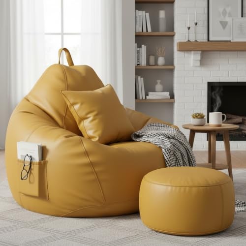 Image of 4XL Bean Bag Chair with Footrest & Cushion | Pre-Filled Beans | PVC Leatherette Lounger Sofa | Indoor & Outdoor Bean Bag with Pocket & Handle | Double Stitching | 6 Months Warranty Color- (Yellow)