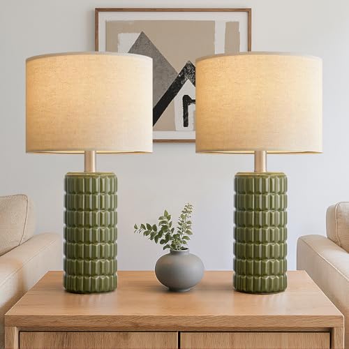 23 Modern Ceramic Table Lamps Set of 2 - Table Lamps for Living room Farmhouse Bedside Night Stands Lamp for Bedroom White Boho Nightstand Lamps Set of 2 Desk Lamp for End Table Home Decor(Green)
