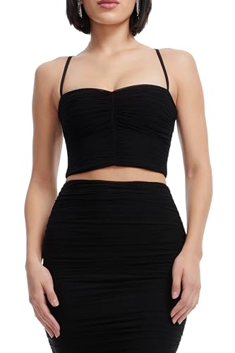 Dress the Population Women's Lynn Mesh, Square Neck, Bustier Crop Top, Black, X-Large