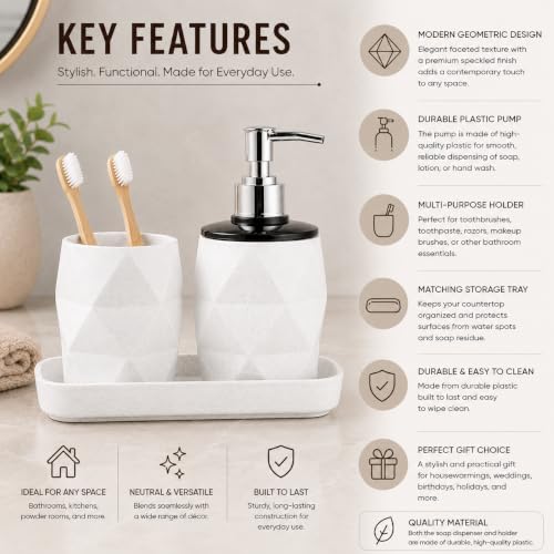 Image of SHENRON Bathroom Accessories Set of 3, Toothbrush Holder, Liquid Soap Dispenser & Tray, Unbreakable Plastic Organizer for Sink & Bathroom Essentials, Handwash, Sanitizer, Lotion, Shampoo (White)