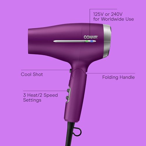Image of Conair Worldwide Folding Handle Hair Dryer with Concentrator & Diffuser, 1875W Travel Blow Dryer with Smart Voltage Technology, Ionic Conditioning Fights Frizz, 3 Heat & 2 Speed Settings, Purple