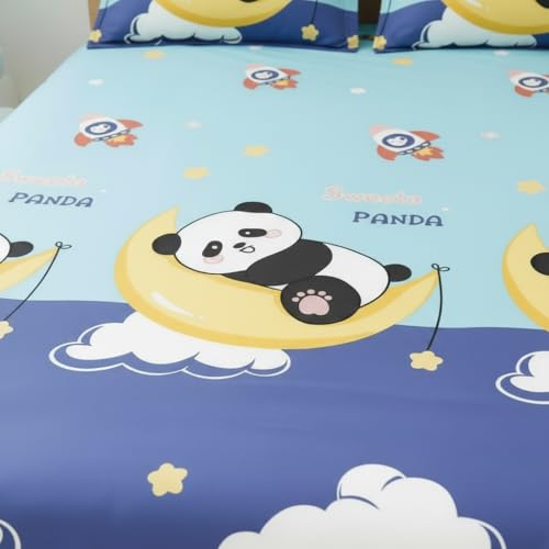 Image of Filymore Kids Double Bedsheet Set with 2 Pillow Covers - Cloud Panda Theme, 240 TC Soft Microfiber Bed Sheet for Double Bed (90x90 Inches), Breathable & Skin-Friendly Kids Bedding, Sky Blue & Purple