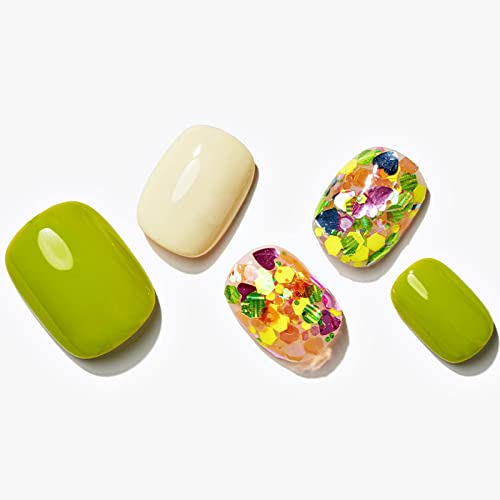 Press on Nails Short Squoval GLAMERMAID Spring Glitter Handmade Mint Green Glue on Nails with Glitter Design Acrylic False Nail Kits Stick Fake Nails for Women Reusable Full Cover Gel Nails 24Pcs
