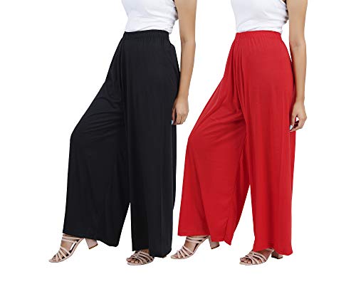 Image of Buy That Trendz M to 4XL Cotton Viscose Loose Fit Flared Wide Leg Palazzo Cotton for Pants Women Black Red Combo Pack of 2 XXX-Large
