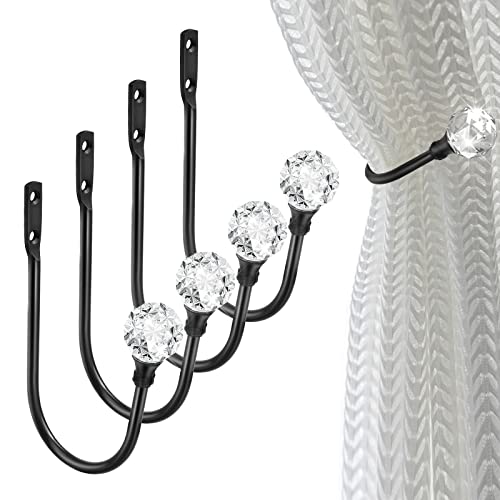 Crystal Curtain Holdbacks, Black Curtain Tieback Hooks Metal Decorative Curtain Pull Backs 4 Pack Heavy Duty Modern Drapery Tiebacks U Shaped Window Drape Holder