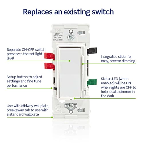 Image of Leviton Lever Edge Rocker Slide Dimmer Switch for LED /Incandescent Bulbs, 150 Watt, Single Pole or 3-Way, ESL01-1LW, White
