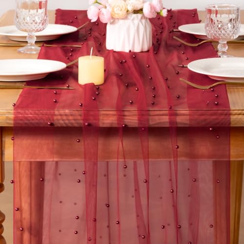 Image of MLMC Red Pearl Table Runner Boho Rustic Tulle Table Runner with Pearls 10ft 29 inchx120 inch Cheesecloth Table Decor for Wedding Bridal Shower Anniversary Home Decoration