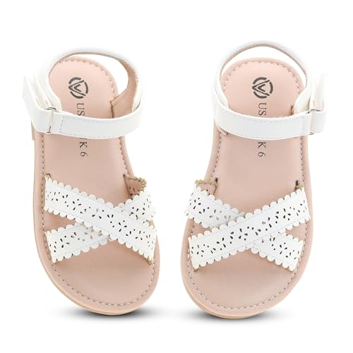 SKABIU Toddler Girls Sandals-Open Toe Flats with Adjustable Strap Soft Sole Summer Shoes for Dress & Play White US 9