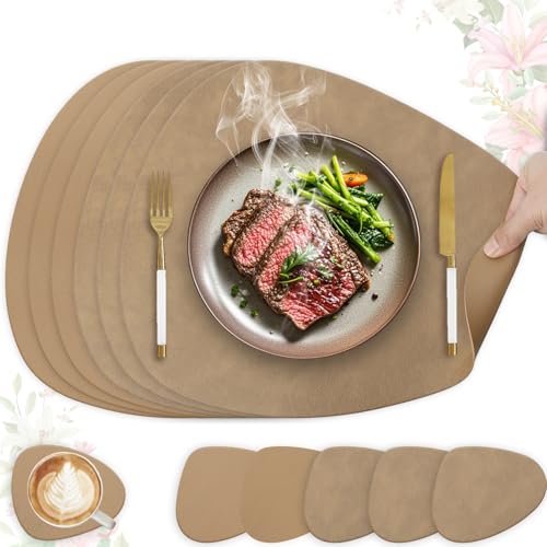 HELI MIAO 6er Set Tischset aus Leder-Imitat，Platzsets abwaschbar und wasserdicht，Platzdeckchen Lederoptik mit Untersetzer… – Ansicht 1