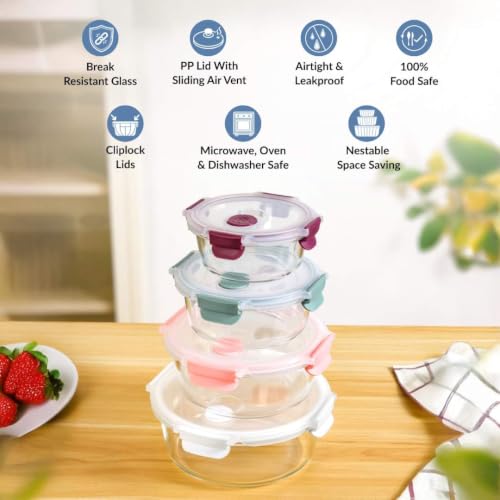 Image of Nestasia Round Stackable Glass Container with Lid Set of 4 (390ml, 630ml, 960ml, 1.4L) - Airtight Food Container with Air Vent for Kitchen | Dishwasher & Microwave Safe Container for Fridge Storage
