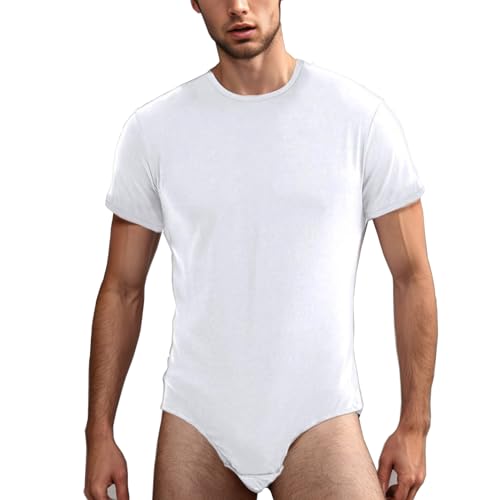 Mens One-Piece Bodysuit Short Sleeve Press Button Crotch Tshirt Leotard Undershirt