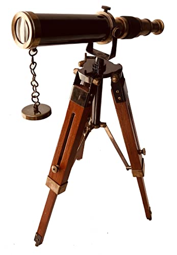 Aladean Decorative Brass Telescope 9" With Wood Tripod Stand Vintage Royal Spyglass Home & Office Table Decor Rustic Gift #TOP2