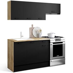 IDMarket – Complete keuken 180 cm SUBTIL met werkblad 5 elementen hout en zwart