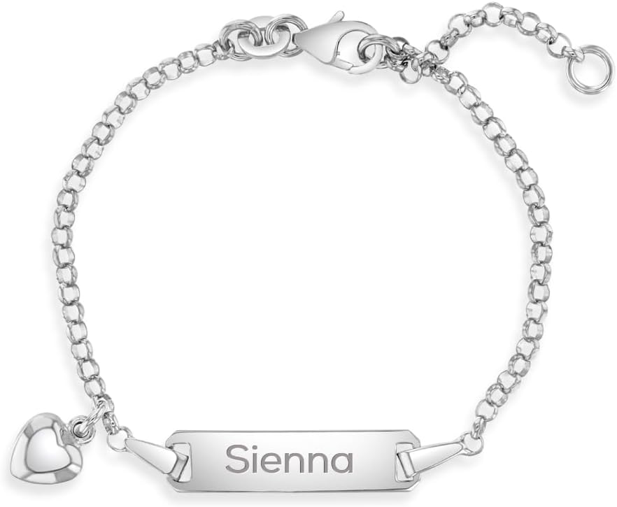 In Season Jewelry 925 Sterling Silver Girl's Adjustable & Engravable Heart Tag ID Bracelet - 5" - 6" Adjustable Cute Personalized Heart Tag Bracelet for Little Girls with Name Plate